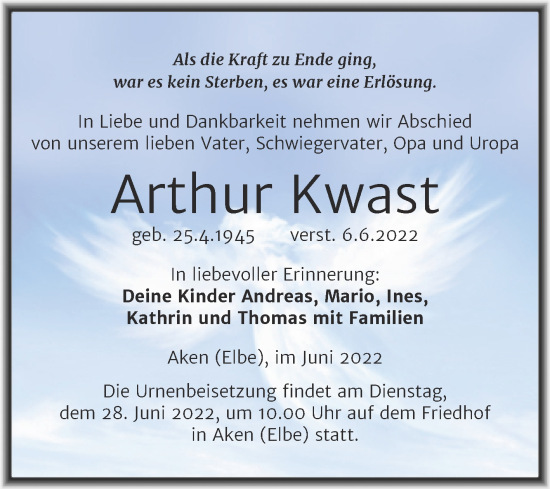 Traueranzeige von Arthur Kwast von Trauerkombi Köthen