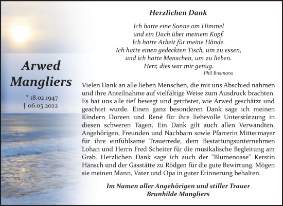 Traueranzeige von Arwed Mangliers von Trauerkombi Bitterfeld
