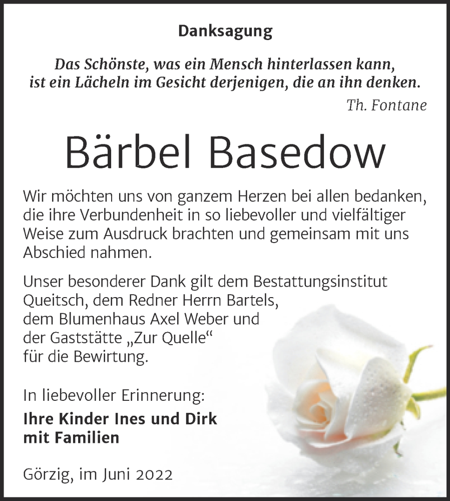  Traueranzeige für Bärbel Basedow vom 11.06.2022 aus Trauerkombi Köthen