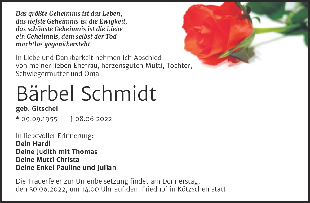  Traueranzeige für Bärbel Schmidt vom 18.06.2022 aus Trauerkombi Merseburg