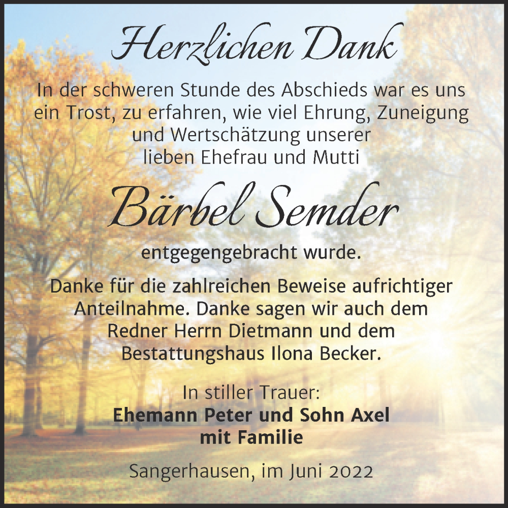  Traueranzeige für Bärbel Semder vom 11.06.2022 aus Mitteldeutsche Zeitung Sangerhausen