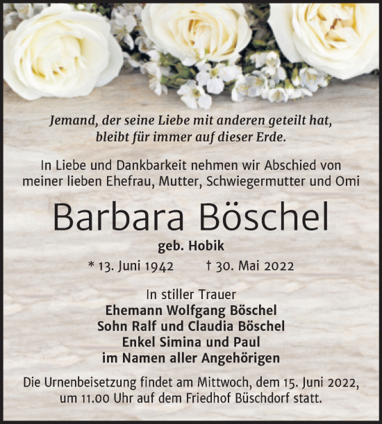 Traueranzeige von Barbara Böschel von Mitteldeutsche Zeitung Halle/Saalkreis