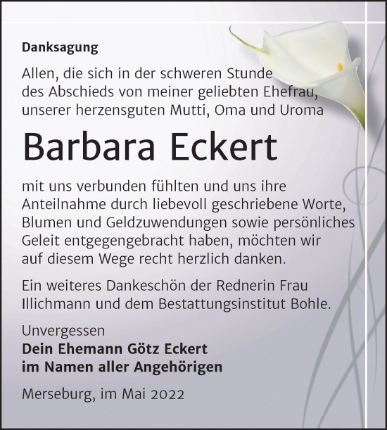 Traueranzeige von Barbara Eckert von Trauerkombi Merseburg