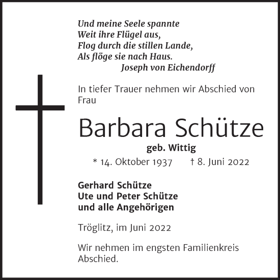 Traueranzeige von Barbara Schütze von Trauerkombi Zeitz