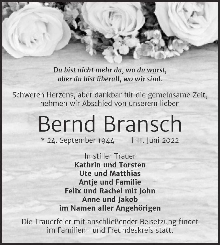  Traueranzeige für Bernd Bransch vom 18.06.2022 aus Mitteldeutsche Zeitung Halle/Saalkreis
