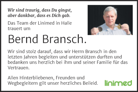 Traueranzeige von Bernd Bransch von Mitteldeutsche Zeitung Halle/Saalkreis