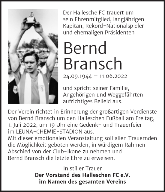 Traueranzeige von Bernd Bransch von Mitteldeutsche Zeitung Halle/Saalkreis