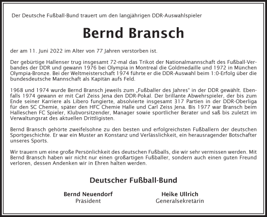 Traueranzeige von Bernd Bransch von Mitteldeutsche Zeitung Aschersleben