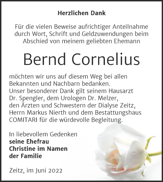 Traueranzeige von Bernd Cornelius von Trauerkombi Zeitz
