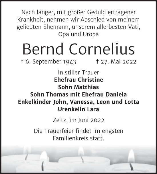 Traueranzeige von Bernd Cornelius von Trauerkombi Zeitz