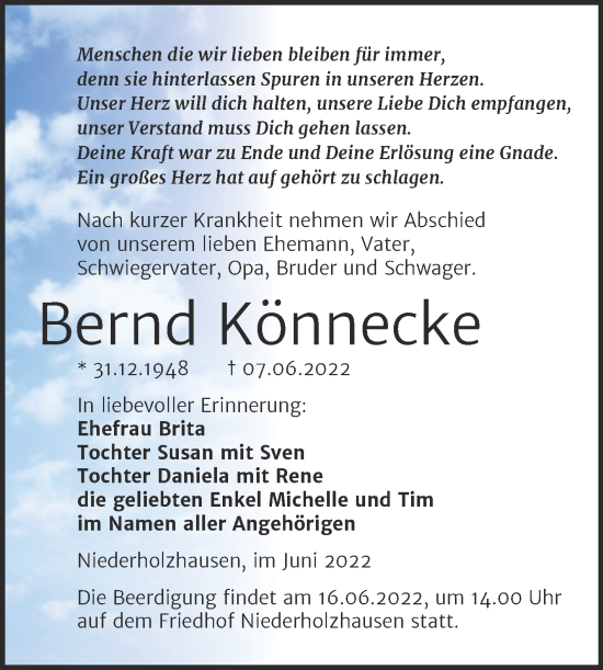 Traueranzeige von Bernd Könnecke von Wochenspiegel Naumburg/Nebra