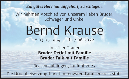 Traueranzeige von Bernd Krause von Trauerkombi Bernburg