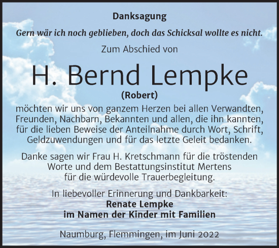 Traueranzeige von Bernd Lempke von Wochenspiegel Naumburg/Nebra