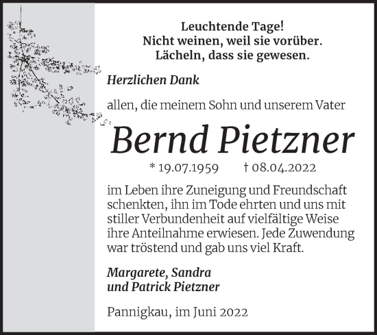Traueranzeige von Bernd Pietzner von Trauerkombi Wittenberg