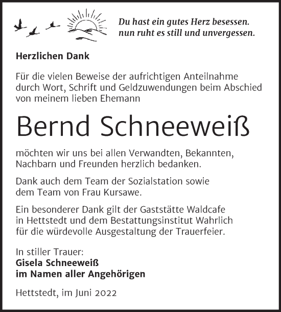 Traueranzeige von Bernd Schneeweiß von Trauerkombi Mansfelder Land