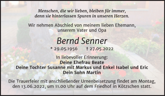 Traueranzeige von Bernd Senner von Trauerkombi Merseburg