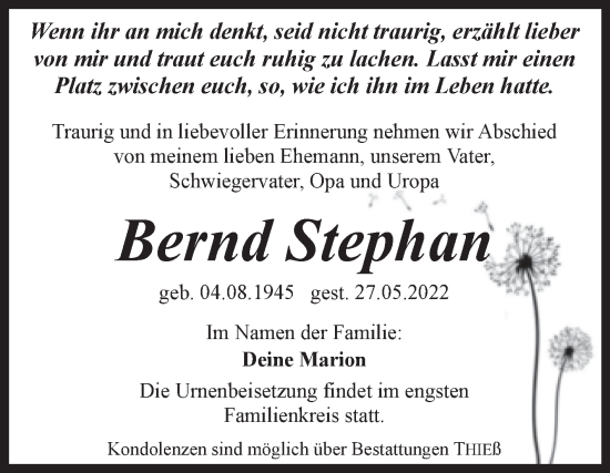 Traueranzeige von Bernd Stephan von Trauerkombi Quedlinburg