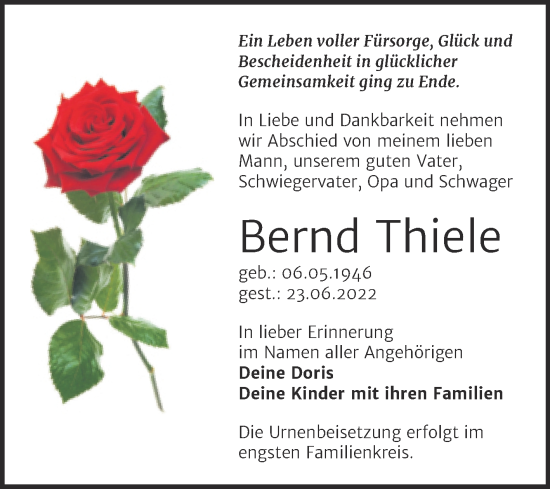 Traueranzeige von Bernd Thiele von Trauerkombi Quedlinburg