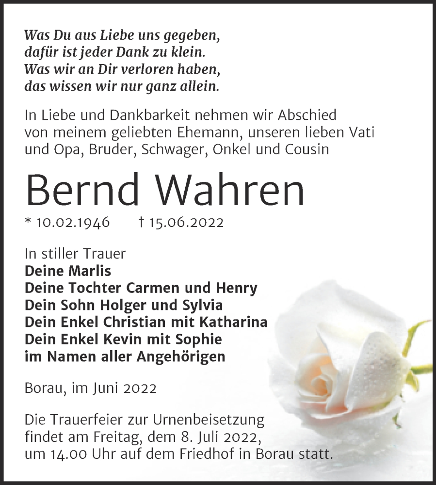 Traueranzeige für Bernd Wahren vom 29.06.2022 aus Trauerkombi Weißenfels