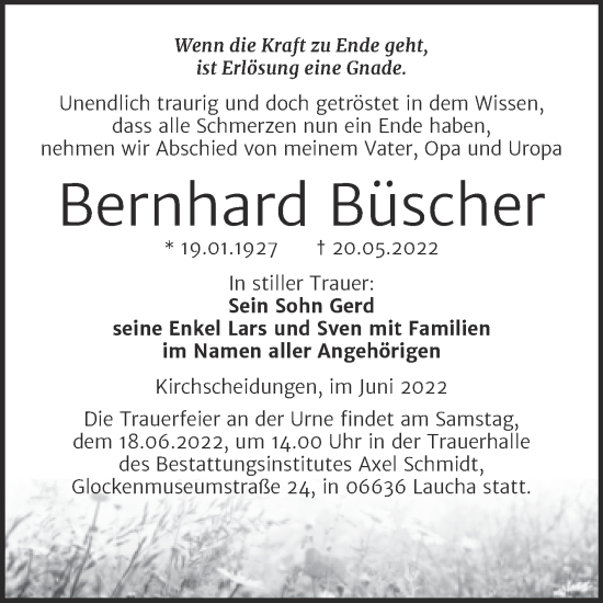Traueranzeige von Bernhard Büscher von Wochenspiegel Naumburg/Nebra