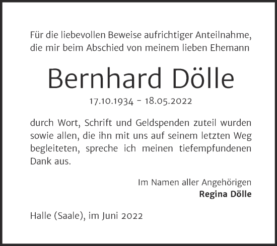 Traueranzeige von Bernhard Dölle von Mitteldeutsche Zeitung Halle/Saalkreis