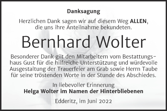 Traueranzeige von Bernhard Wolter von Trauerkombi Köthen
