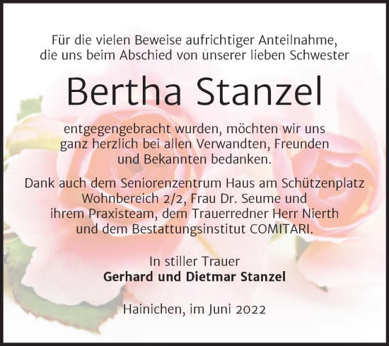 Traueranzeige von Bertha Stanzel von Trauerkombi Zeitz