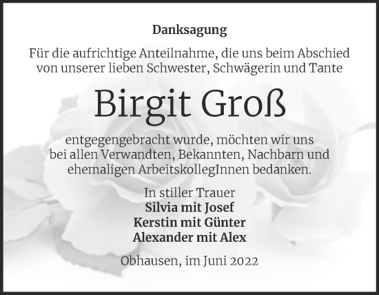 Traueranzeige von Birgit Groß von Trauerkombi Merseburg