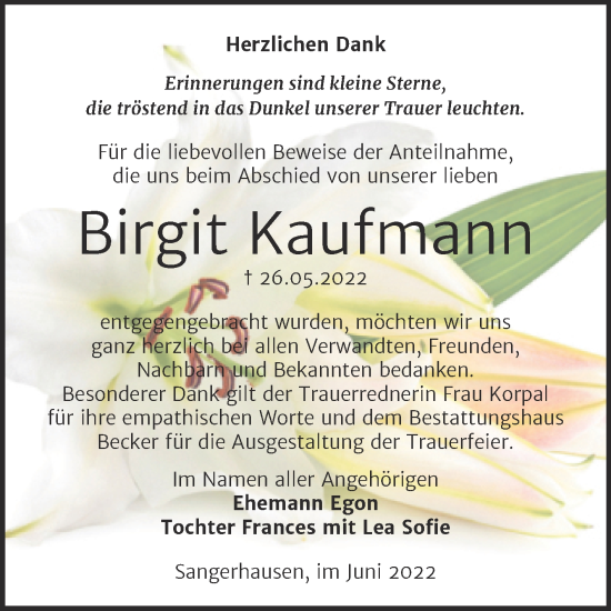 Traueranzeige von Birgit Kaufmann von Trauerkombi Sangerhausen