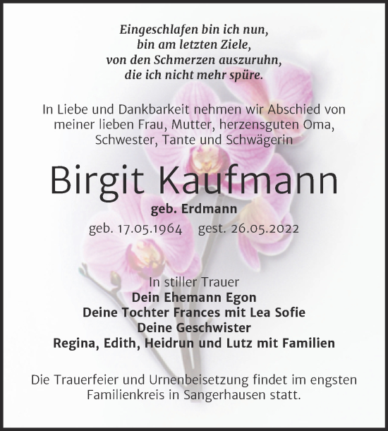 Traueranzeige von Birgit Kaufmann von Trauerkombi Sangerhausen