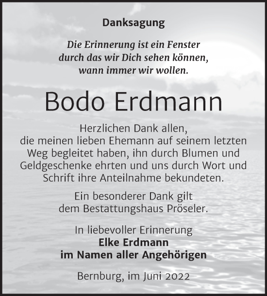 Traueranzeige von Bodo Erdmann von Trauerkombi Bernburg