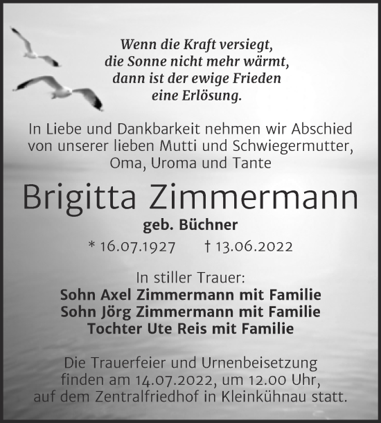 Traueranzeige von Brigitta Zimmermann von Trauerkombi Dessau