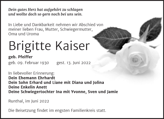 Traueranzeige von Brigitte Kaiser von Trauerkombi Weißenfels