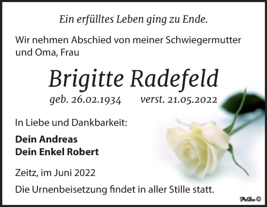 Traueranzeige von Brigitte Radefeld von Trauerkombi Zeitz