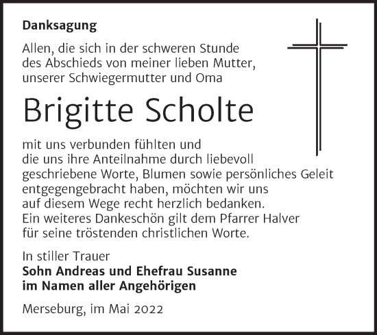 Traueranzeige von Brigitte Scholte von Trauerkombi Merseburg