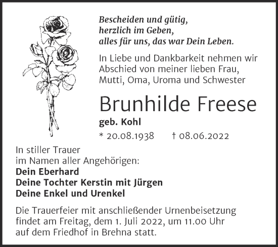 Traueranzeige von Brunhilde Freese von Mitteldeutsche Zeitung Halle/Saalkreis