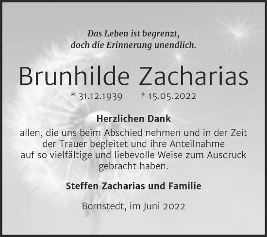 Traueranzeige von Brunhilde Zacharias von Trauerkombi Mansfelder Land