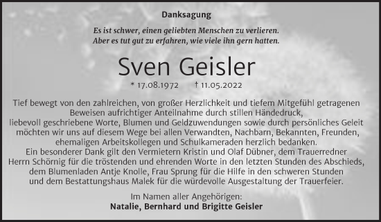 Traueranzeige von Sven Geisler von Trauerkombi Sangerhausen