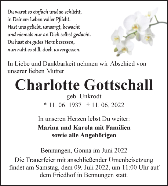 Traueranzeige von Charlotte Gottschall von Trauerkombi Sangerhausen