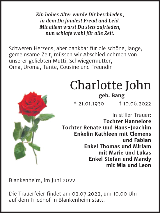 Traueranzeige von Charlotte John von Trauerkombi Sangerhausen