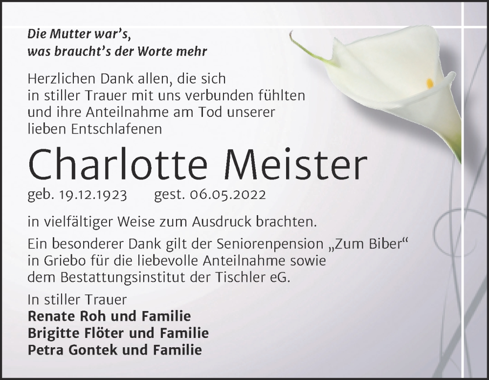  Traueranzeige für Charlotte Meister vom 18.06.2022 aus Trauerkombi Wittenberg