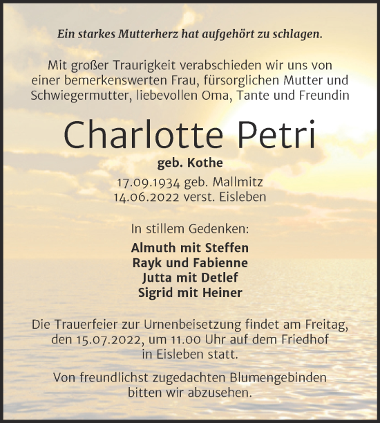 Traueranzeige von Charlotte Petri von Mitteldeutsche Zeitung Mansfelder Land