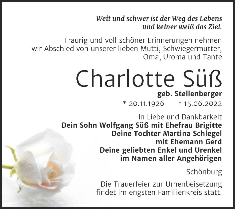  Traueranzeige für Charlotte Süß vom 18.06.2022 aus Naumburger Tageblatt