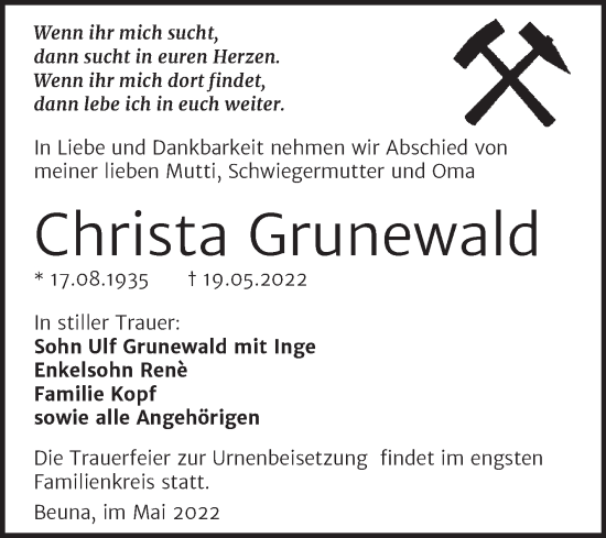 Traueranzeige von Christa Grunewald von Trauerkombi Merseburg