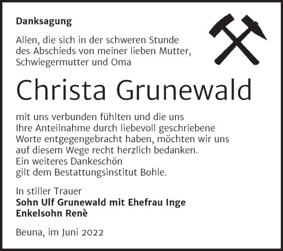 Traueranzeige von Christa Grunewald von Trauerkombi Merseburg