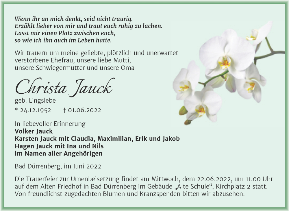  Traueranzeige für Christa Jauck vom 11.06.2022 aus Trauerkombi Merseburg