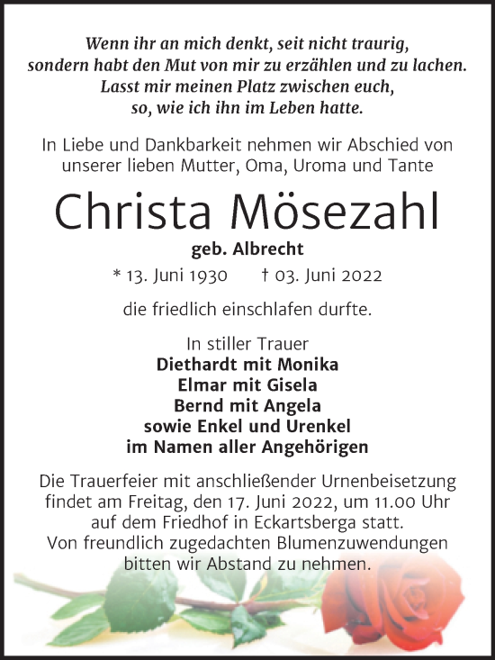 Traueranzeige von Christa Mösezahl von Wochenspiegel Naumburg/Nebra