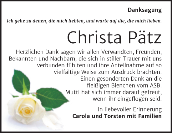 Traueranzeige von Christa Pätz von Trauerkombi Bernburg