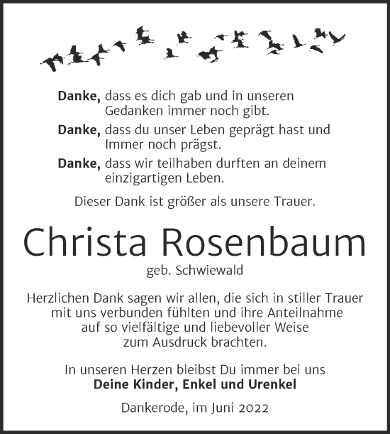 Traueranzeige von Christa Rosenbaum von Trauerkombi Quedlinburg