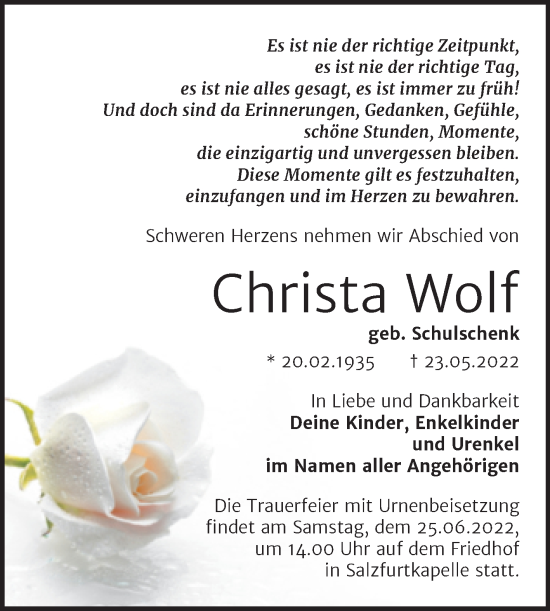 Traueranzeige von Christa Wolf von Trauerkombi Bitterfeld
